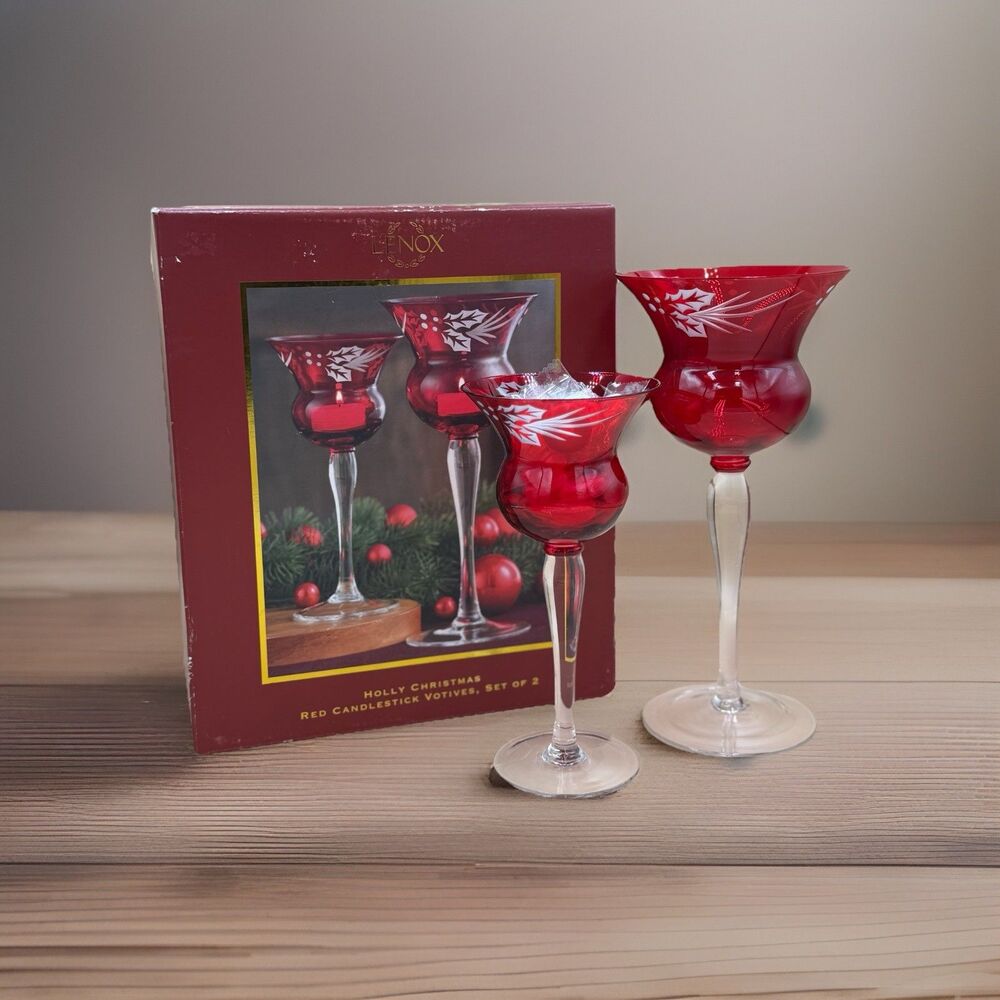 Lenox Holly Christmas Red Candlestick Votives Set Of 2 W/ Box, Etched Glassware